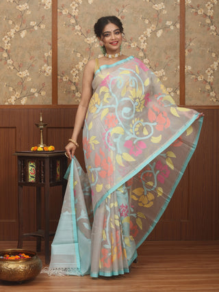 Pastel Aqua Blue Bengal Handloom Muslin Saree with Multicoloured Floral Jamdani Weaves