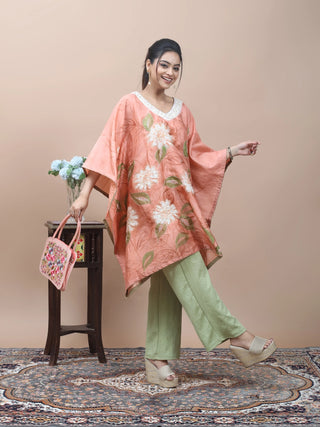 Coral Bloom – Hand-Painted Pure Silk Kaftan with Aari Embellishment