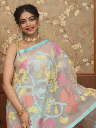Pastel Aqua Blue Bengal Handloom Muslin Saree with Multicoloured Floral Jamdani Weaves