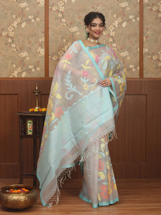 Pastel Aqua Blue Bengal Handloom Muslin Saree with Multicoloured Floral Jamdani Weaves