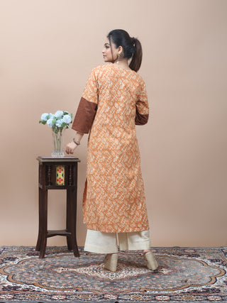 Peach Vanaspati Print & Andhra Cotton Kurti with Gujarati Embroidery
