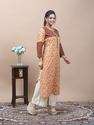 Peach Vanaspati Print & Andhra Cotton Kurti with Gujarati Embroidery