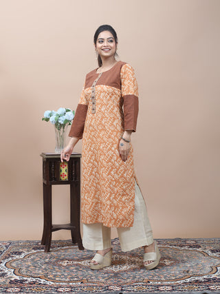 Peach Vanaspati Print & Andhra Cotton Kurti with Gujarati Embroidery