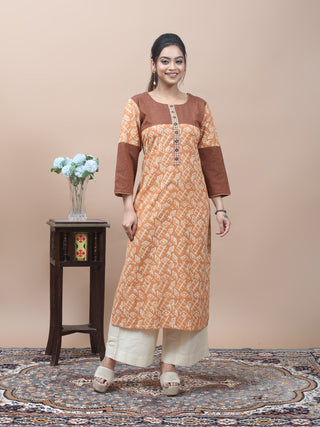 Peach Vanaspati Print & Andhra Cotton Kurti with Gujarati Embroidery