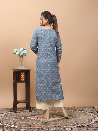 Powder Blue Jaipur Cotton Kurti with Sanganeri Print and Hand Kantha Embroidered Neckline