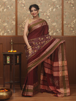 Deep Maroon Pure Bengal Cotton Saree with Kantha Embroidery