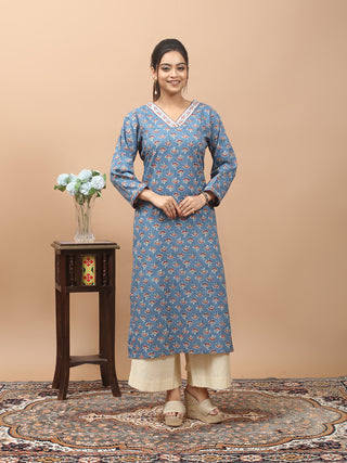 Powder Blue Jaipur Cotton Kurti with Sanganeri Print and Hand Kantha Embroidered Neckline