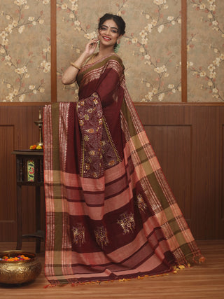 Deep Maroon Pure Bengal Cotton Saree with Kantha Embroidery