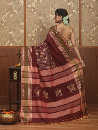 Deep Maroon Pure Bengal Cotton Saree with Kantha Embroidery