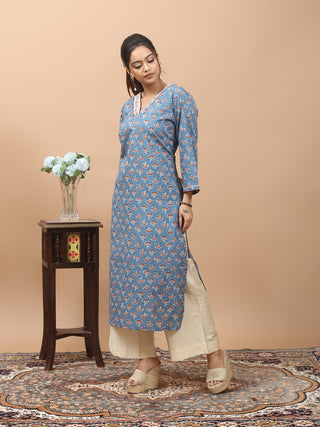 Powder Blue Jaipur Cotton Kurti with Sanganeri Print and Hand Kantha Embroidered Neckline