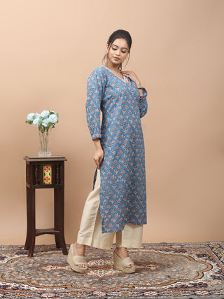 Powder Blue Jaipur Cotton Kurti with Sanganeri Print and Hand Kantha Embroidered Neckline