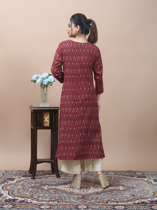Maroon Ikkat Kurti with Hand Kantha Embroidered Yoke