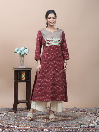 Maroon Ikkat Kurti with Hand Kantha Embroidered Yoke