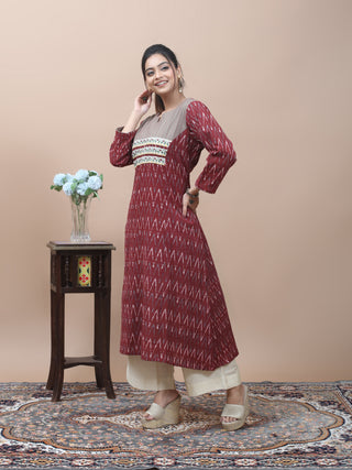 Maroon Ikkat Kurti with Hand Kantha Embroidered Yoke