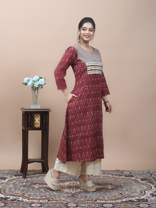 Maroon Ikkat Kurti with Hand Kantha Embroidered Yoke