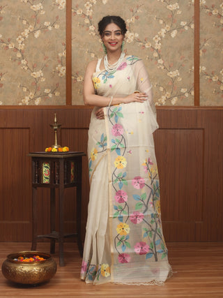 Ivory Pure Bengal Muslin Saree with Multicoloured Floral Jamdani Weaves