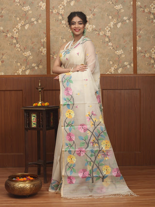 Ivory Pure Bengal Muslin Saree with Multicoloured Floral Jamdani Weaves