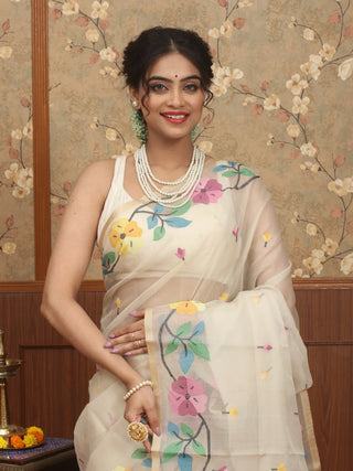 Ivory Pure Bengal Muslin Saree with Multicoloured Floral Jamdani Weaves