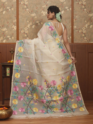 Ivory Pure Bengal Muslin Saree with Multicoloured Floral Jamdani Weaves
