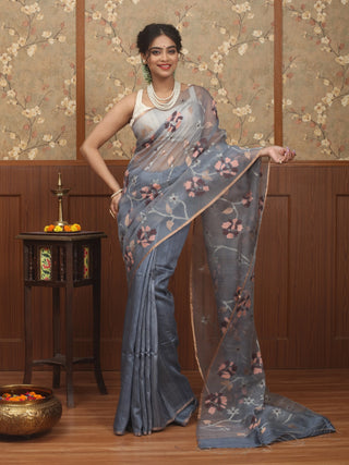 Slate Grey Pure Bengal Matka Silk and Muslin Half-and-Half Bengal Handloom Saree with Floral Jamdani Weaves