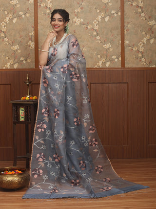 Slate Grey Pure Bengal Matka Silk and Muslin Half-and-Half Bengal Handloom Saree with Floral Jamdani Weaves