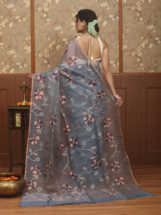 Slate Grey Pure Bengal Matka Silk and Muslin Half-and-Half Bengal Handloom Saree with Floral Jamdani Weaves