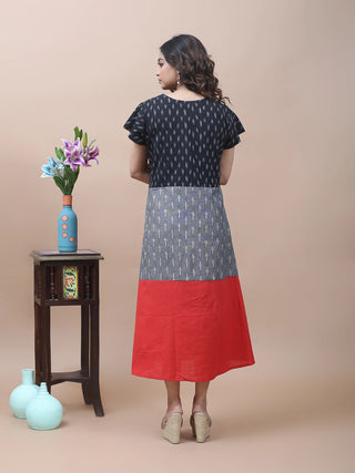 Crimson Contrast – Ikkat & Andhra A-Line Dress