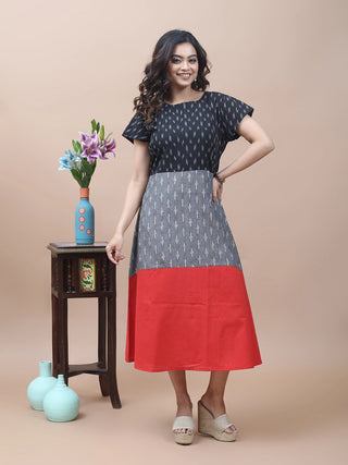 Crimson Contrast – Ikkat & Andhra A-Line Dress