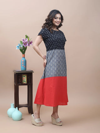 Crimson Contrast – Ikkat & Andhra A-Line Dress