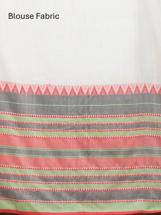 Ivory White Pure Bengal Cotton Saree with Kantha Embroidery and Pastel Red-Grey-Green Border