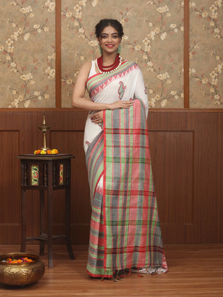 Ivory White Pure Bengal Cotton Saree with Kantha Embroidery and Pastel Red-Grey-Green Border