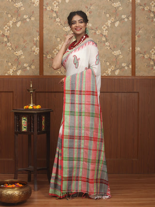 Ivory White Pure Bengal Cotton Saree with Kantha Embroidery and Pastel Red-Grey-Green Border