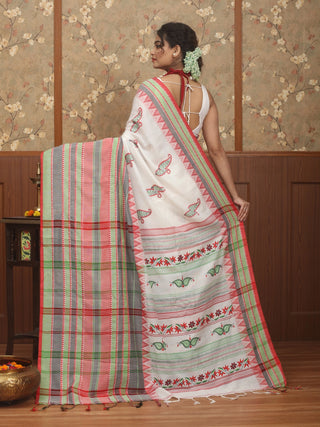 Ivory White Pure Bengal Cotton Saree with Kantha Embroidery and Pastel Red-Grey-Green Border