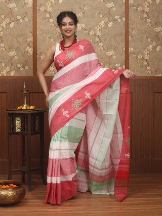 Coral Red-Mint Green Pure Dhaniakhali Bengal Cotton Saree with Kantha & Gujarati Embroidery