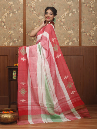 Coral Red-Mint Green Pure Dhaniakhali Bengal Cotton Saree with Kantha & Gujarati Embroidery