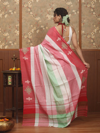Coral Red-Mint Green Pure Dhaniakhali Bengal Cotton Saree with Kantha & Gujarati Embroidery