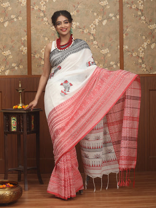 Ivory White Pure Bengal Cotton Saree with Red-Black Ganga-Jamuna Border & Hand-Painted Madhubani Fish Motifs
