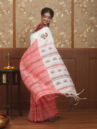 Ivory White Pure Bengal Cotton Saree with Red-Black Ganga-Jamuna Border & Hand-Painted Madhubani Fish Motifs