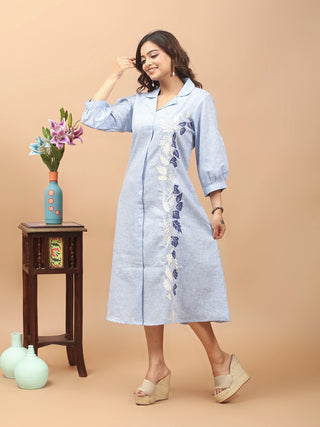 Sky Poise – Ice Blue Collared Cotton Dress