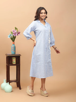 Sky Poise – Ice Blue Collared Cotton Dress