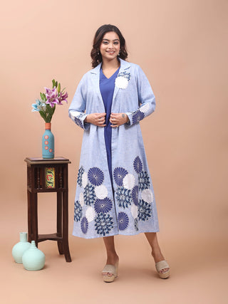 Azure Bloom – Cotton Layered Appliqué Jacket Dress