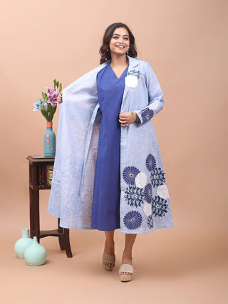 Azure Bloom – Cotton Layered Appliqué Jacket Dress