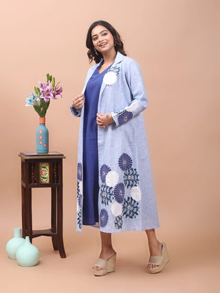 Azure Bloom – Cotton Layered Appliqué Jacket Dress
