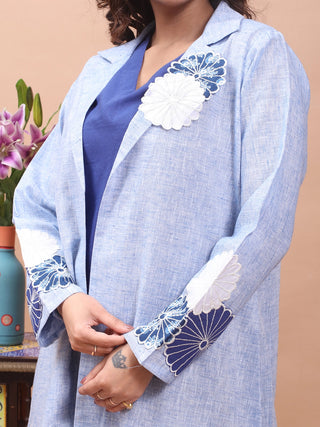 Azure Bloom – Cotton Layered Appliqué Jacket Dress