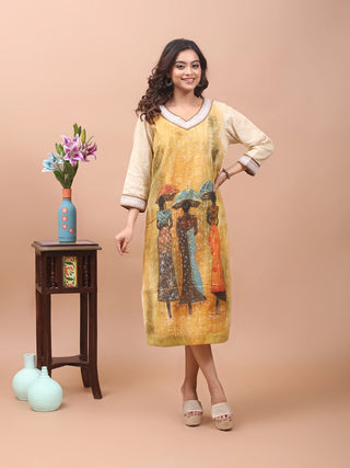 Golden Rhythm – Hand-Painted Viscose-Katan Silk Art Dress