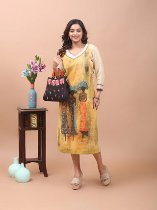 Golden Rhythm – Hand-Painted Viscose-Katan Silk Art Dress
