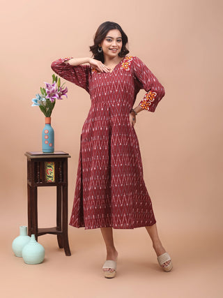 Maroon Craft – Ikkat Dress with Hand-Embroidered Accents