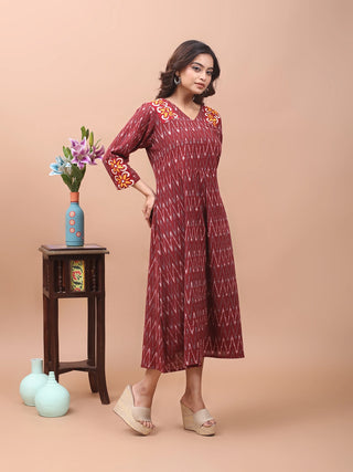 Maroon Craft – Ikkat Dress with Hand-Embroidered Accents