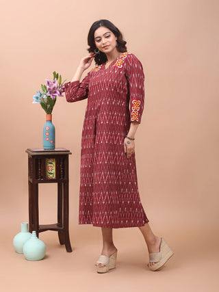 Maroon Craft – Ikkat Dress with Hand-Embroidered Accents