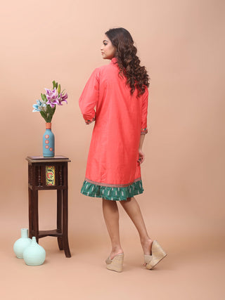 Coral Festive Breeze – Gujarati Embroidered Cotton-Silk Shirt Dress with Ikkat Frill